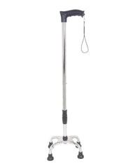 Heavy Duty 4 Leg Adjustable Walking Stick in black with ergonomic handle and sturdy base on white background