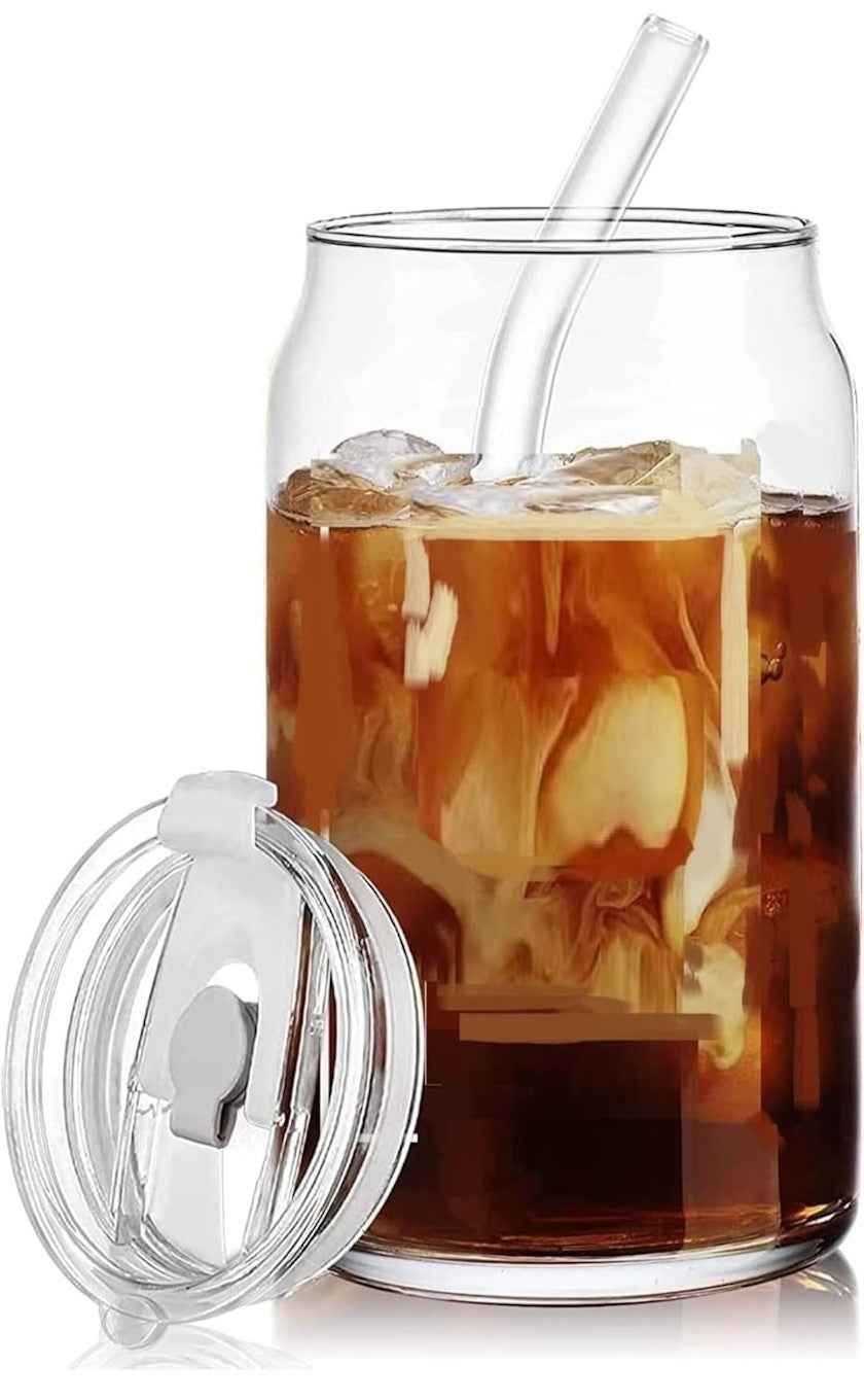 Glass Beer Can Tumbler with Straw & Lid 540ml