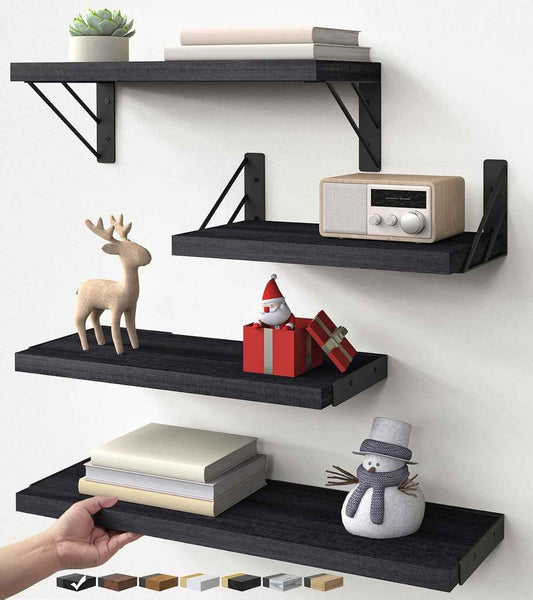 Black Wood Floating Wall Shelves Set of 4