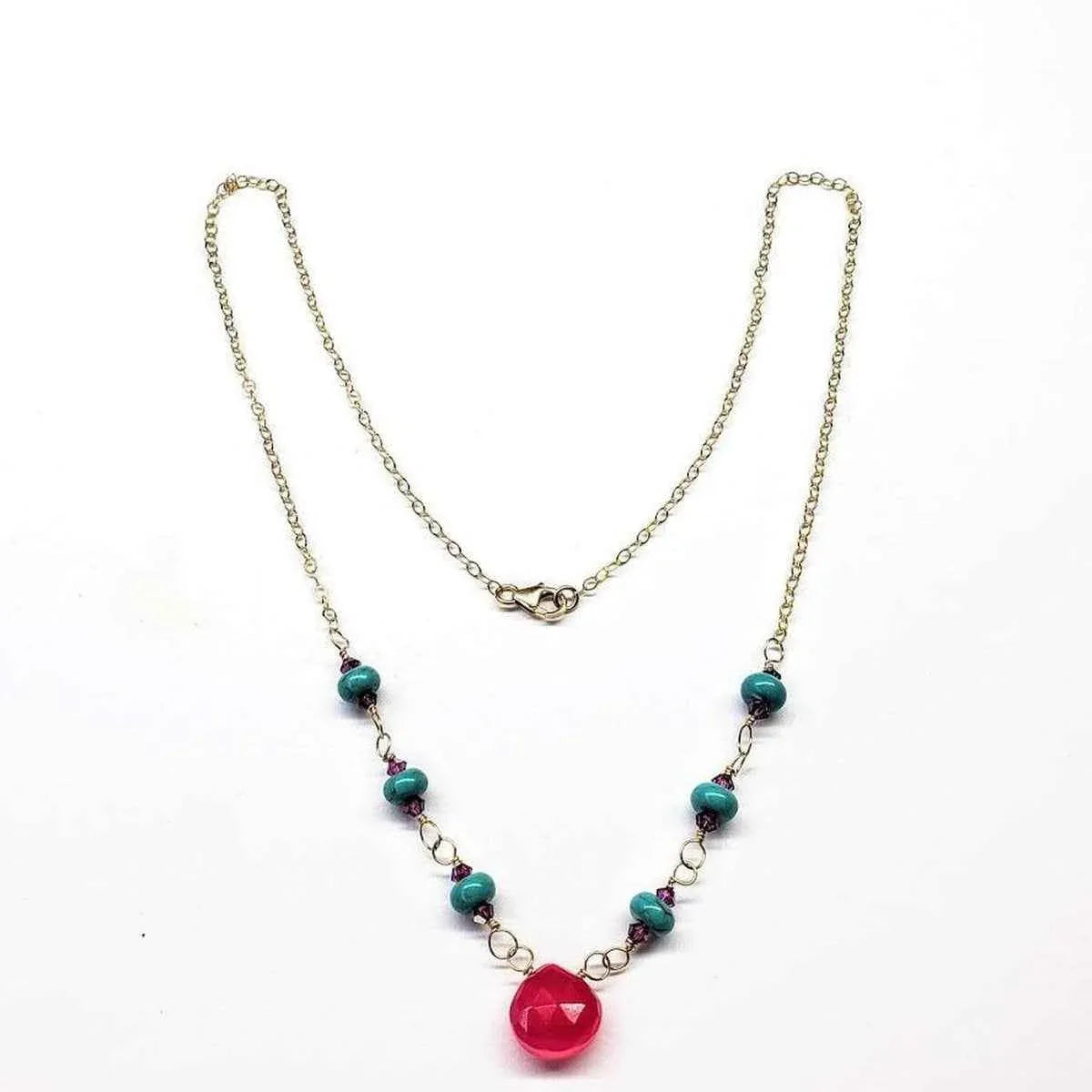 Vibrant pink and turquoise gemstone drop on delicate 14K gold-filled cable chain necklace.