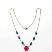 Vibrant pink and turquoise gemstone drop on delicate 14K gold-filled cable chain necklace.