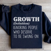 Black fleece sweatshirt showing front detail of 'growth' graphic and cozy texture.