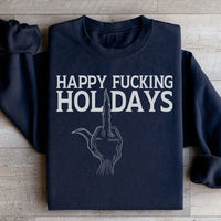 Black Happy Holidays sweatshirt with peach-colored holiday graphic on front