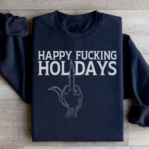 Close-up of black Happy Holidays sweatshirt showing soft fleece texture and holiday design