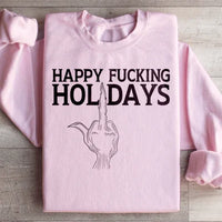Light pink Happy Holidays sweatshirt featuring cozy fleece lining and festive peachy design
