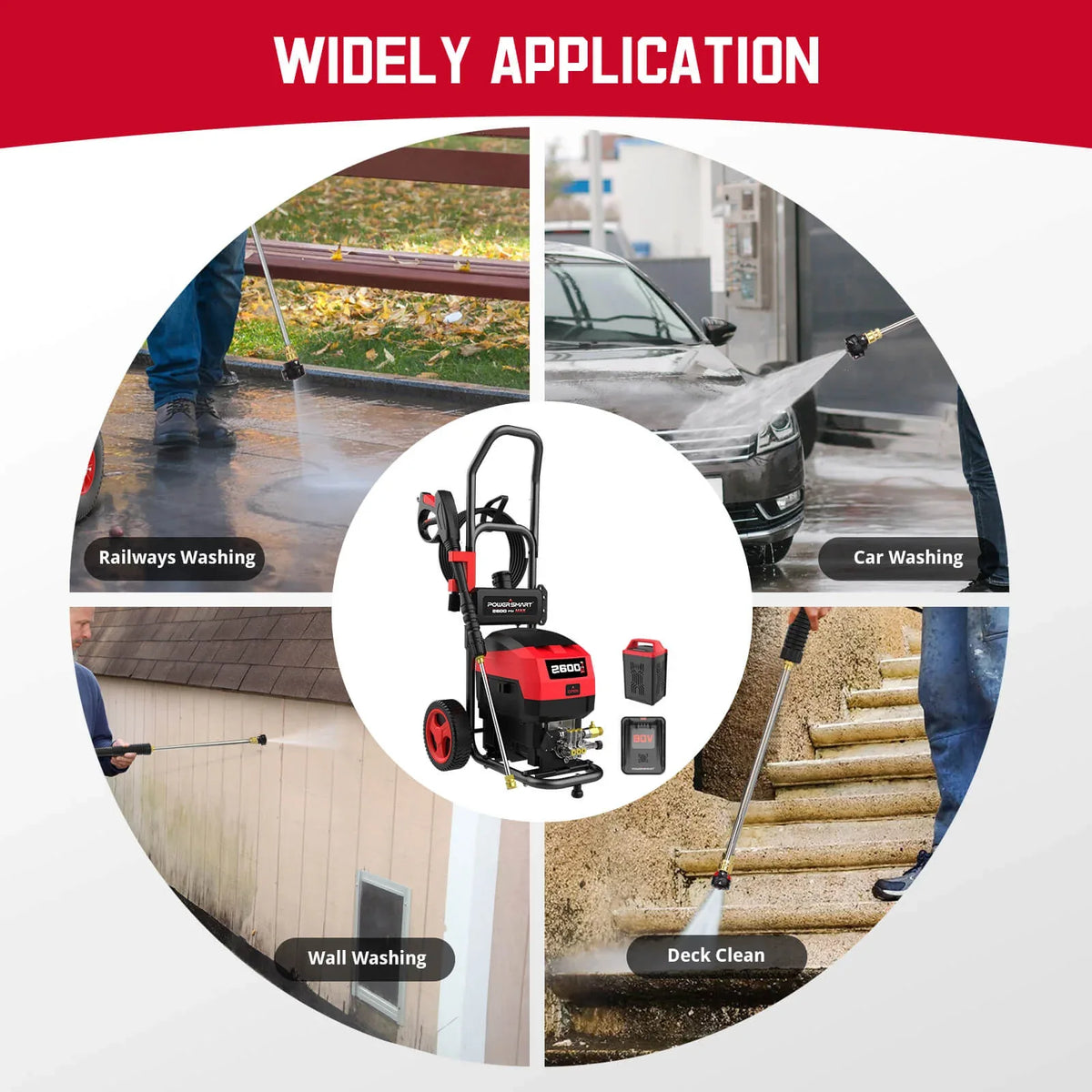 Side view of cordless pressure washer showing brushless motor housing and battery