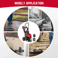 Side view of cordless pressure washer showing brushless motor housing and battery