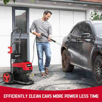 Pressure washer powering on, highlighting control buttons and display panel
