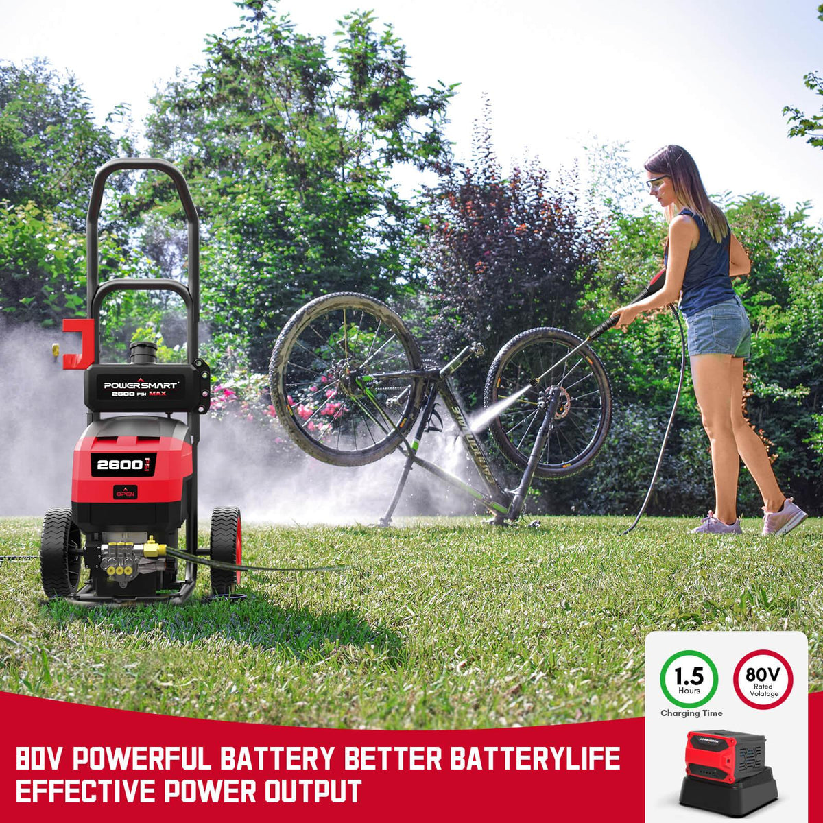 Pressure washer with battery removed sitting on ground, showing battery compartment