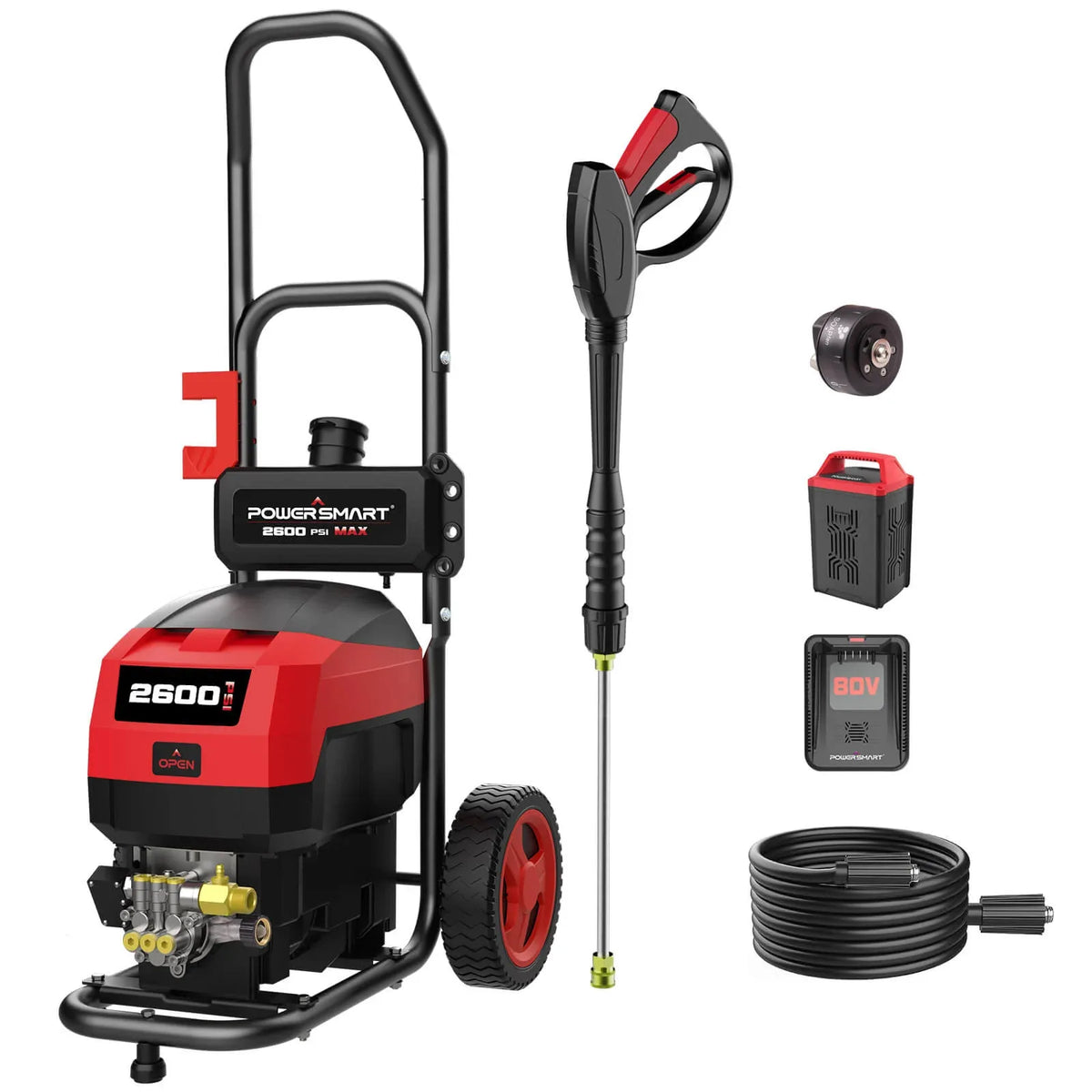 Cordless 80V pressure washer with ergonomic handle and attached battery pack on wooden deck