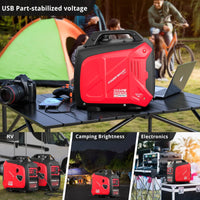 Portable inverter gas generator with handle, compact design, and control panel, suitable for outdoor use.