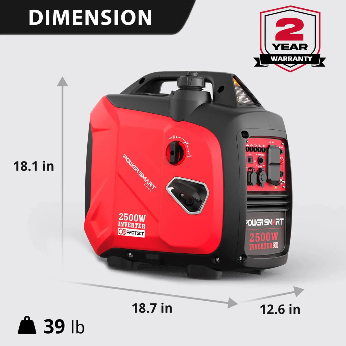 Generator dimensions diagram showing 19 by 13 by 20 inches size and weight of 39 pounds.