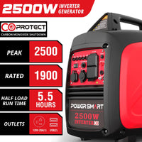 Specification list for the generator highlighting power output, runtime, and safety features.