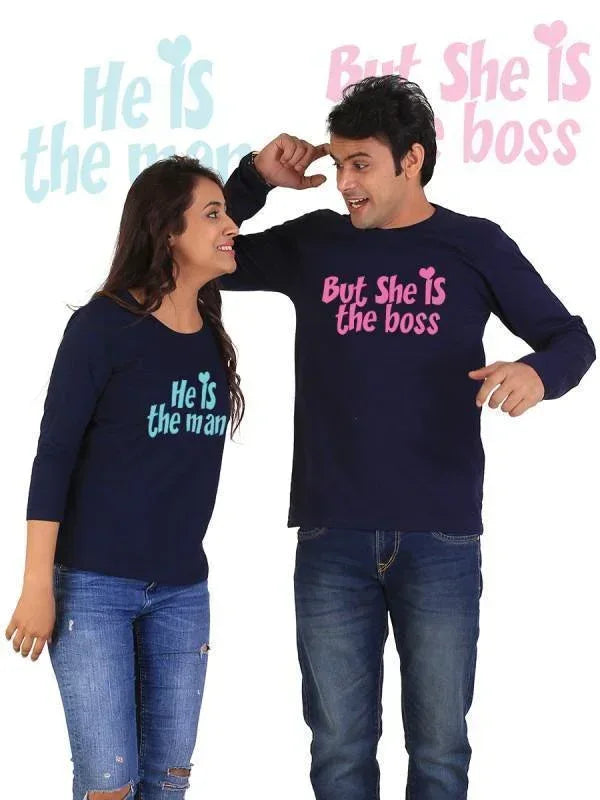 He is the Man, She is the Boss Couple Full Sleeves Navy Blue - Trustymall