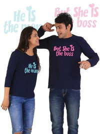 He is the Man, She is the Boss Couple Full Sleeves Navy Blue - Trustymall