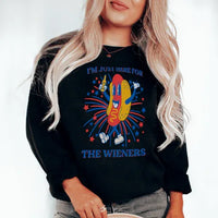 Black t-shirt with large white text 'I’m Just Here For The Wieners' displayed prominently.