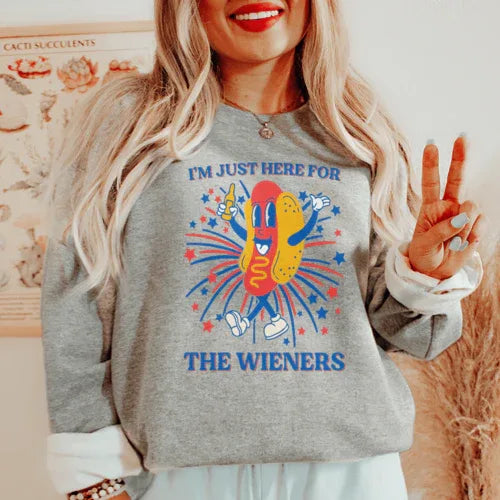 Sport grey t-shirt with bold white text 'I’m Just Here For The Wieners' on the front.