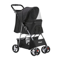 Black i.Pet 4 Wheel Pet Stroller on white background, showing front and side mesh panels.