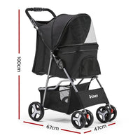 i.Pet black pet stroller viewed from angled side, highlighting mesh windows and wheels.