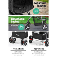 Side detail of i.Pet stroller black fabric and spacious storage basket underneath.
