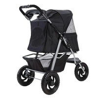 Front view of black pet stroller with zipped mesh cover partially open