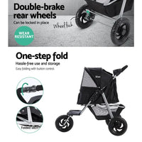 Black pet stroller folded flat for compact storage and easy transport
