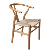 Set of two wooden dining chairs with rattan seats arranged side by side against a white background.