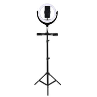12-inch LED ring light mounted on adjustable tripod with smartphone holder against white background.