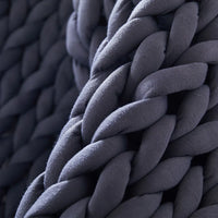 Close-up of chunky knit weighted blanket strands with complex knit pattern and plush feel.