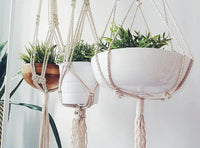 Close-up of detailed knots in a vintage-inspired macrame plant hanger.