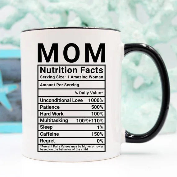 Close-up of the 'Mom Nutrition Facts' text on a white coffee mug against a plain background.