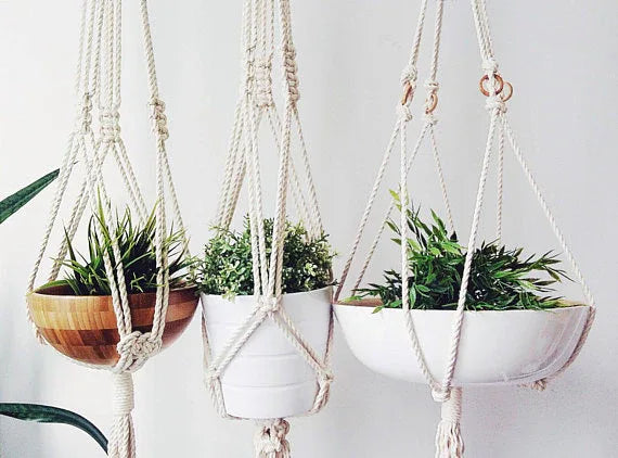 Macrame plant hanger showcasing intricate cotton rope design for indoor plants.