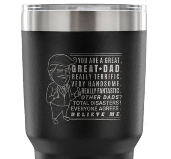 Large 30 oz tumbler with American flag and Donald Trump silhouette design, powder coated and laser etched.