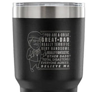 Large 30 oz tumbler with American flag and Donald Trump silhouette design, powder coated and laser etched.