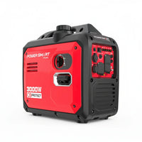 Front view of 3000W inverter gas generator with CO alert, showing control panel and outlets.