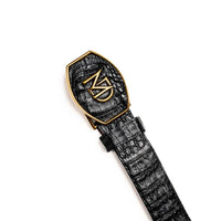 Side angle of black caiman crocodile belt highlighting texture and buckle details