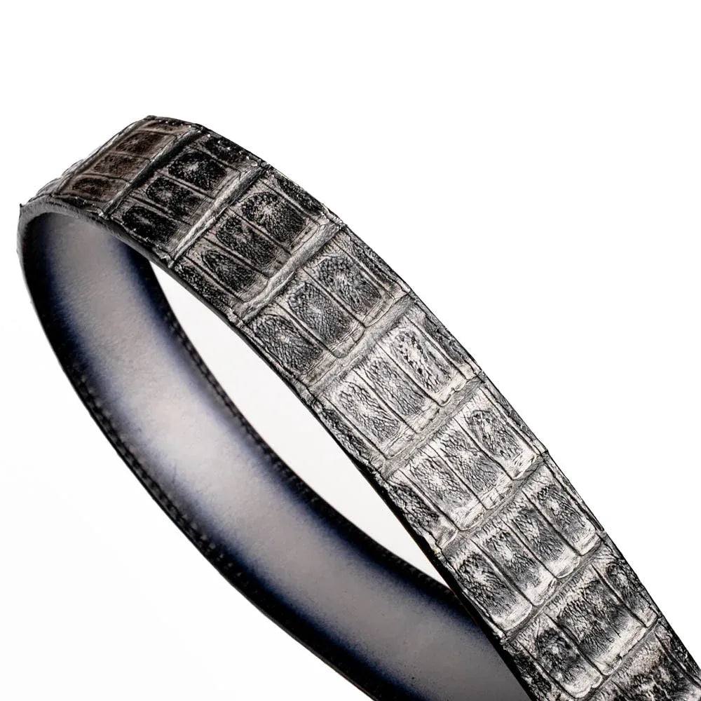 Flat lay of gray caiman skin belt showing overall length and grain detail.
