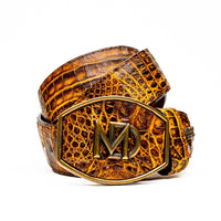 Close-up of the IOWA mustard brown caiman crocodile belt showing textured scales and brass buckle