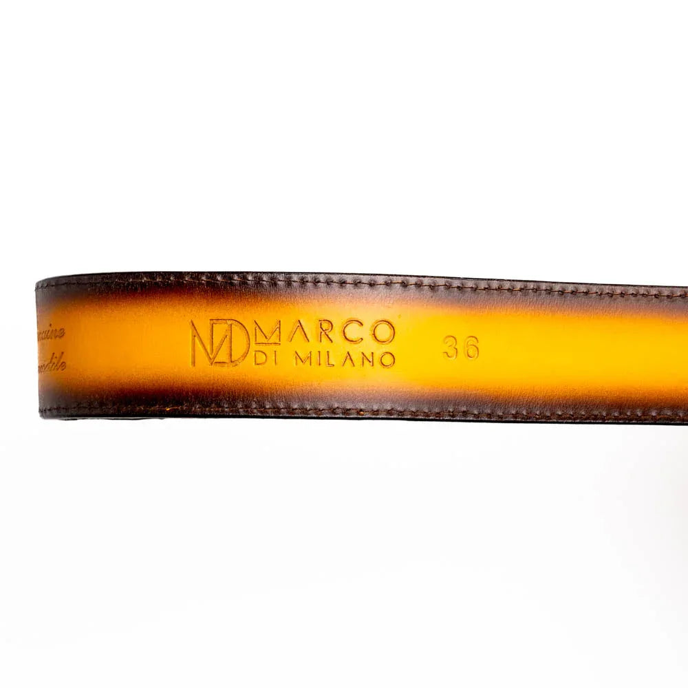 Side angle of the mustard brown IOWA genuine caiman skin belt with antique brass buckle