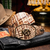 Lifestyle image showing the full caiman skin belt worn with denim and casual Western outfit.