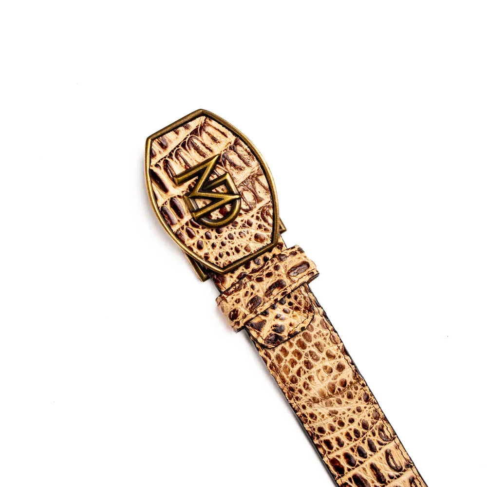Iowa Caiman leather belt showcasing detailed texture and antique brass Western-style buckle.