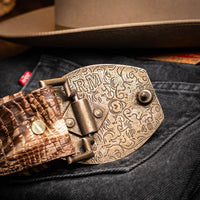 Casual outfit featuring stone brown Iowa Belt crafted from caiman crocodile skin and western buckle.