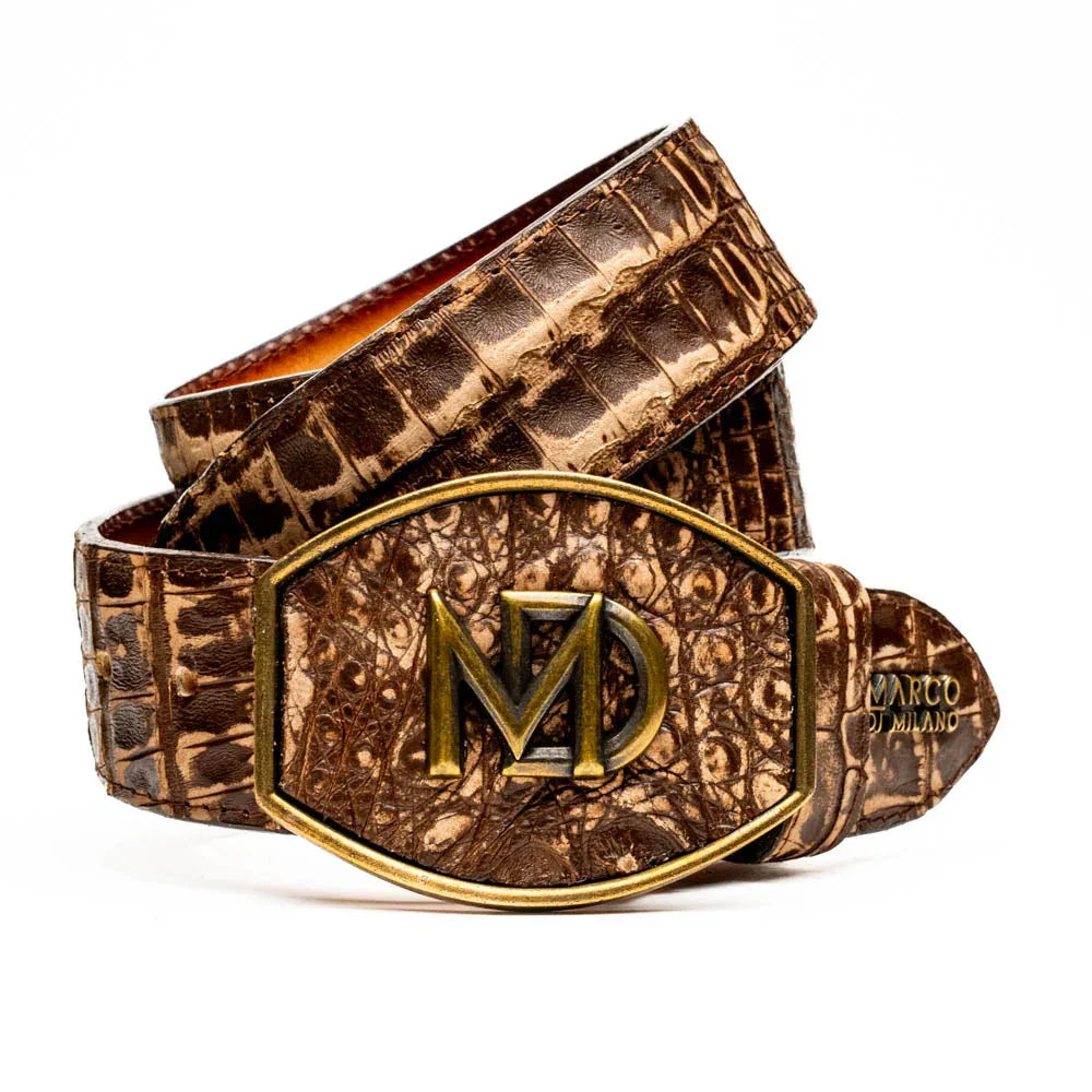 Close-up of Iowa Belt in stone brown color showing caiman crocodile skin texture and antique brass buckle.
