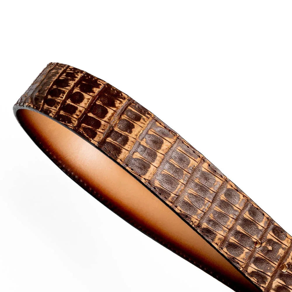 Antique brass buckle on stone brown Iowa Belt made from genuine caiman crocodile skin.