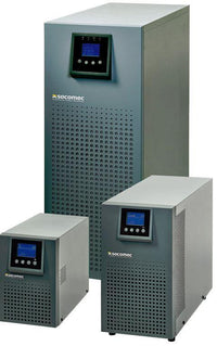 Socomec ITYS 2kVA Tower LCD UPS device showing front panel and LCD display for power and status monitoring