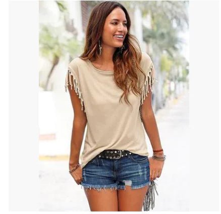 Plus Size Women's Short Sleeve Fringe T-Shirt Top