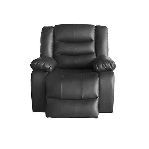 Black leatherette recliner sofa set arranged in living room with soft fabric pillows.