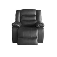 Black leatherette recliner sofa set arranged in living room with soft fabric pillows.