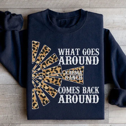 Front view of peach Karma Ranch sweatshirt showing soft fleece interior and comfortable fit