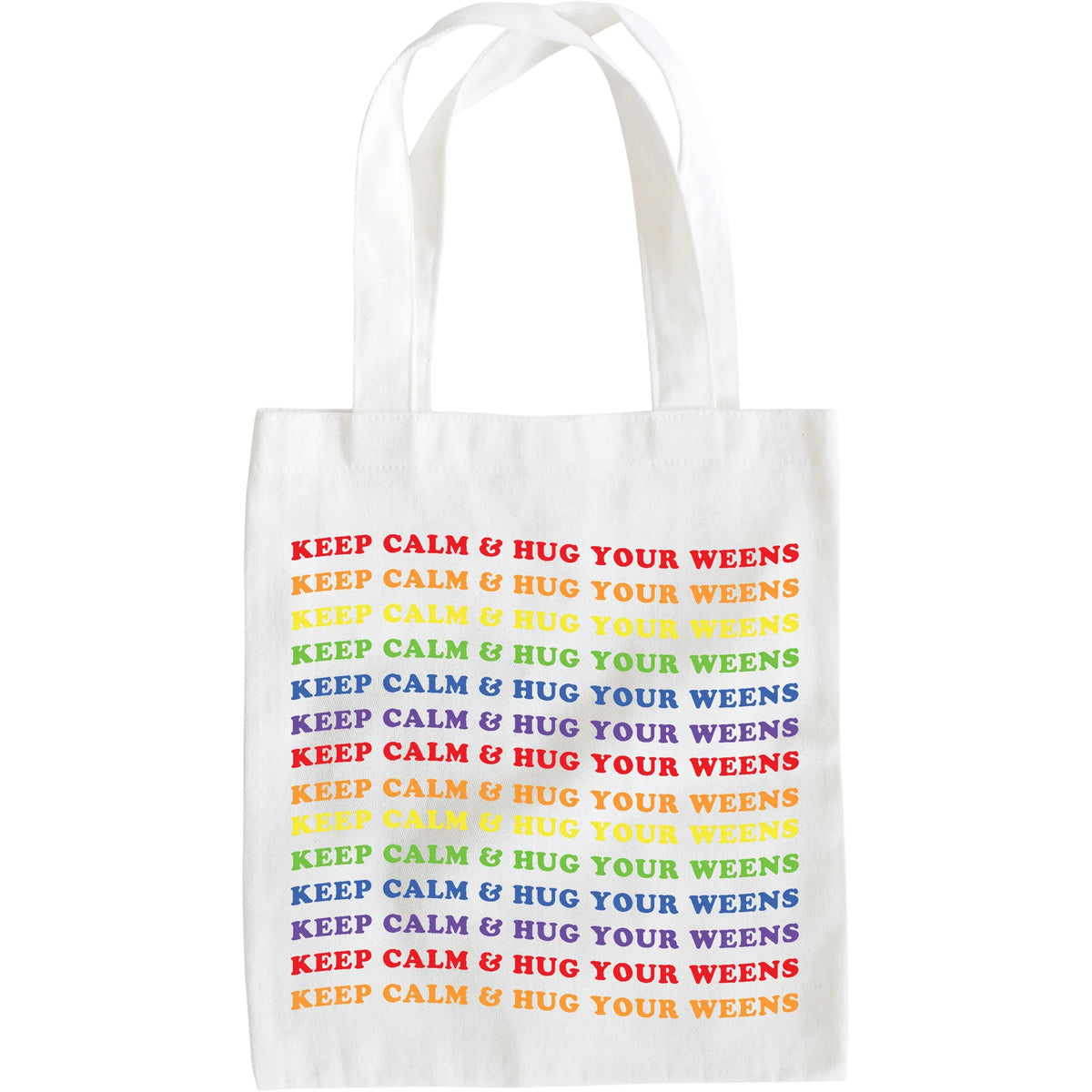 Close-up of Keep Calm Wiener Dog Tote bag with red handles and dog design on cream background.